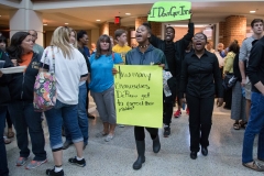 Student demonstrators march and chant as they walk through the Percy L. Julian Science and Mathematics Center. The group chanted as they walked through the buildings serving lunch to DePauw Dialogue attendees. SAM CARAVANA / THE DEPAUW