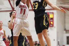 Senior Claire Ryan (right) blocks the shot of Denison's  Lily Morris (left). DePauw continued its 12-game winning streak topping Denison 63-50 in double overtime. SAM CARAVANA / THE DEPAUW