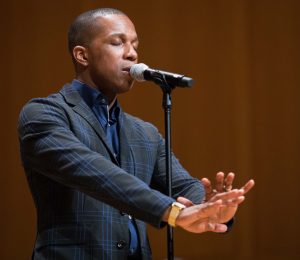 Leslie Odom Jr. performs "Wait For It" from the Broadway musical Hamilton in which he played Aaron Burr. Odom sang two songs after a speech and answering audience questions. SAM CARAVANA / THE DEPAUW