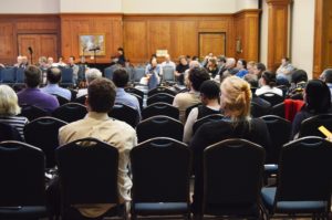 Faculty members listen as their colleagues speak in the Union Ballroom. NATALIA COSTARD / THE DEPAUW