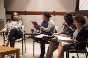 Dr Clarissa Peterson (far-left), Dr Leigh-Anne Goins (mid-left), Dr Emmitt Riley (mid-right), and Professor Miranda Spivack (far-right) were a part of a panel presentation about race, gender, and the 2016 Presidential Election.