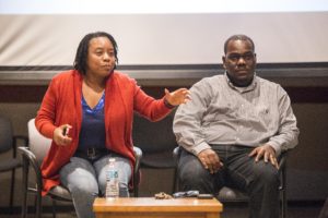 Clarissa L. Peterson (left), Director of the Africana Studies Program, and Emmitt Y. Riley (right), Assistant Professor of Africana Studies, host a post-election talk in the PCCM. GERALD PINEDA / THE DEPAUW
