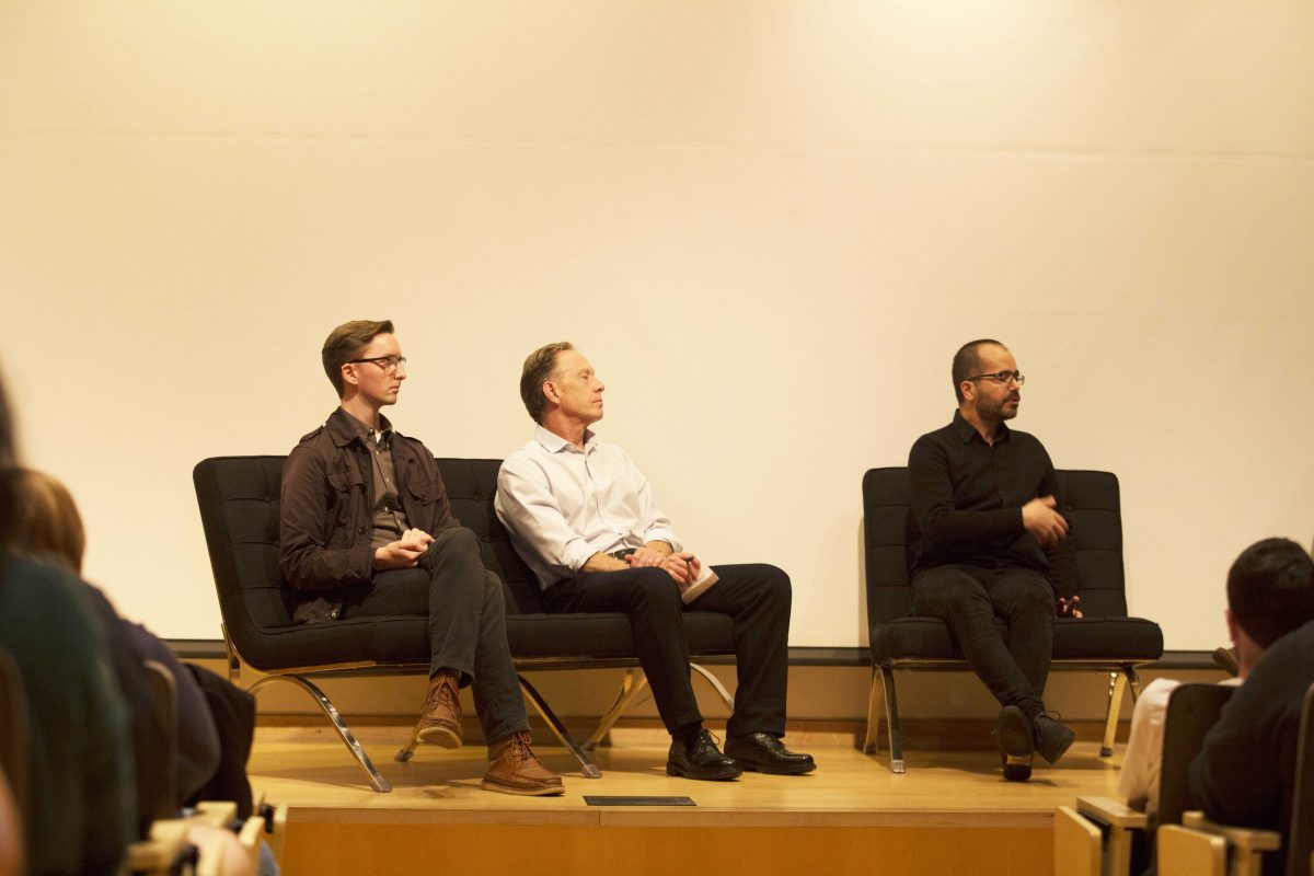 (left to right)  Professors Dan Solberg, Jeff Kenney, and Wafaa Bilal discuss art and Islamophobia. NATALIA COSTARD / THE DEPAUW