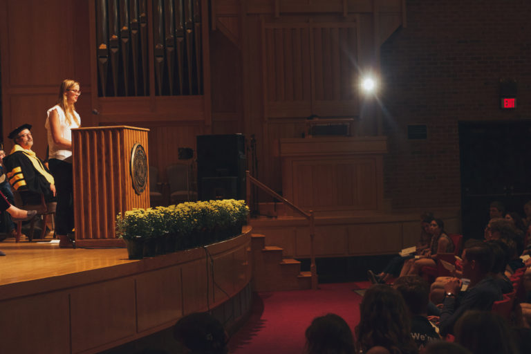 DePauw student body president Erika Killion addresses class of 2021 in opening convocation