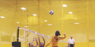 Sophomore, Suzanne Peters, attacks the ball to help the Tiger's win their set. DAVID KOBE / THE DEPAUW