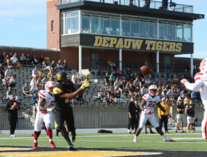 Senior wide receiver Ryan Grizzard attempts to catch a pass in the end zone during DePauw's 52-6 loss to WittenbergLinda Striggo