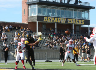 Senior wide receiver Ryan Grizzard attempts to catch a pass in the end zone during DePauw's 52-6 loss to WittenbergLinda Striggo