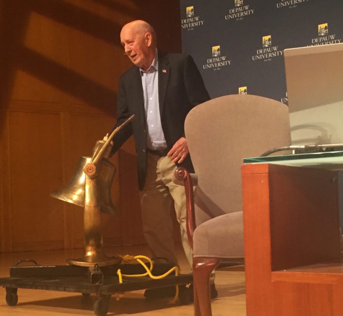 Bill Rasmussen rings the Monon Bell at his Ubben Lecture PHOTO BY ALEXA JENKINS