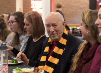 Bill Rasmussen, the founder of ESPN, eats dinner with students in the Media Fellows program on Monday night NATALIE BRUNINI THE DEPAUW