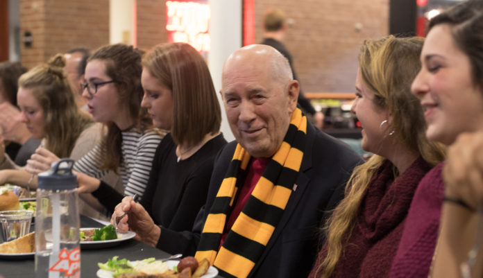 Bill Rasmussen, the founder of ESPN, eats dinner with students in the Media Fellows program on Monday night NATALIE BRUNINI THE DEPAUW