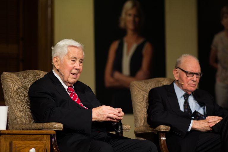 Lee Hamilton' 52 and Richard Lugar encourage students to "speak up"