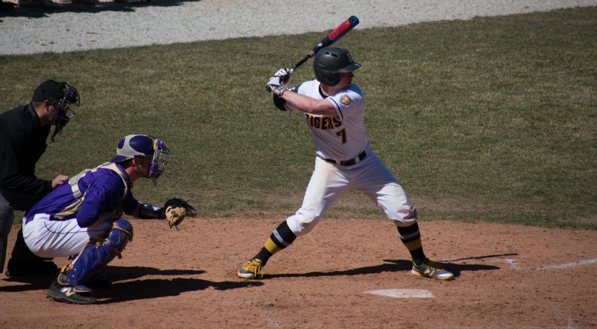 Nolan Lavender (Jr.) in anticipation for the next pitch during Sunday's game against Loras College NATASHA DRIVER