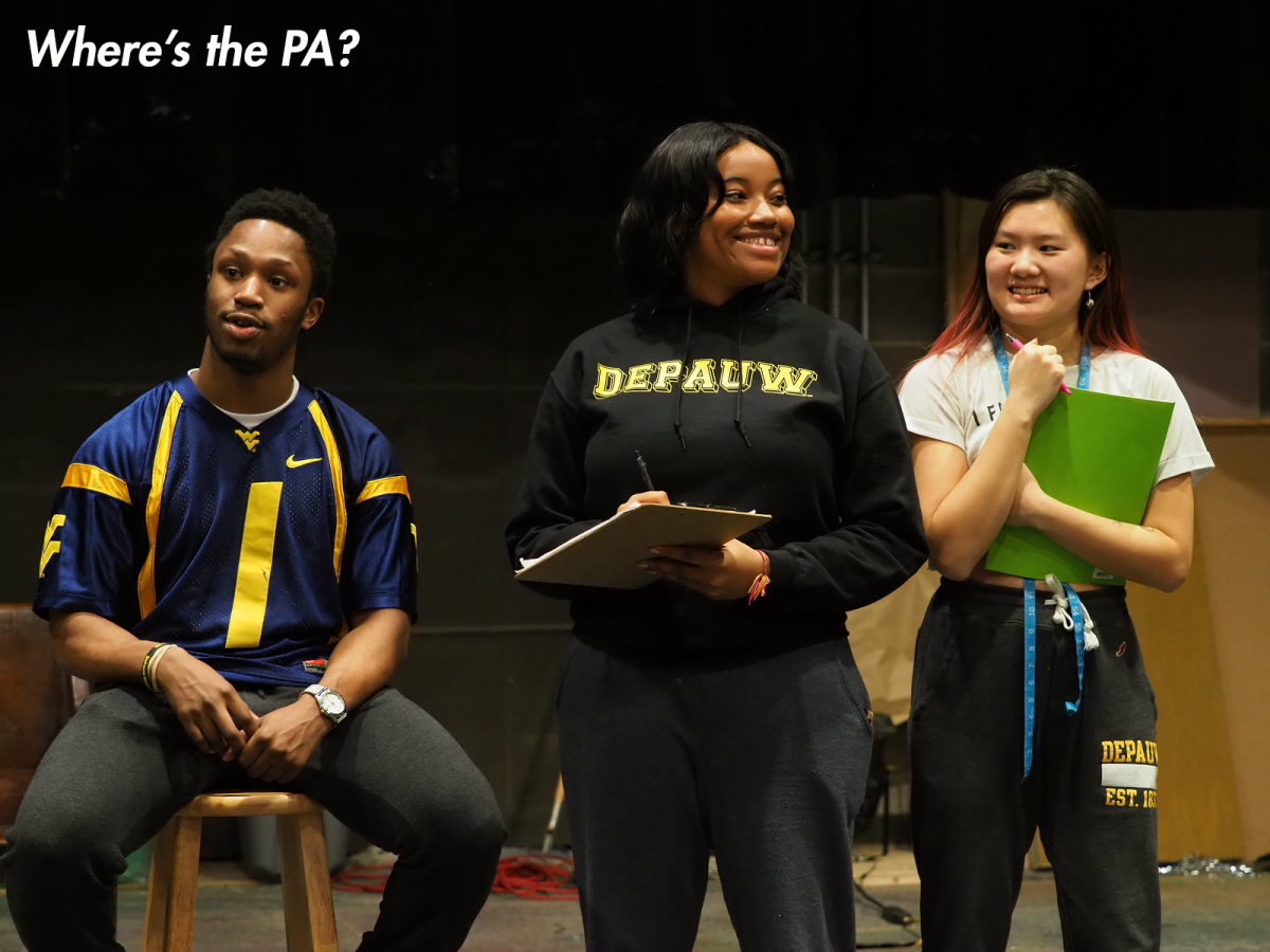Mohammed Gborie, Ja’el Thomas, and Emma Rees rehearse, "Where's the PA?" Photograph by Linda Striggo.