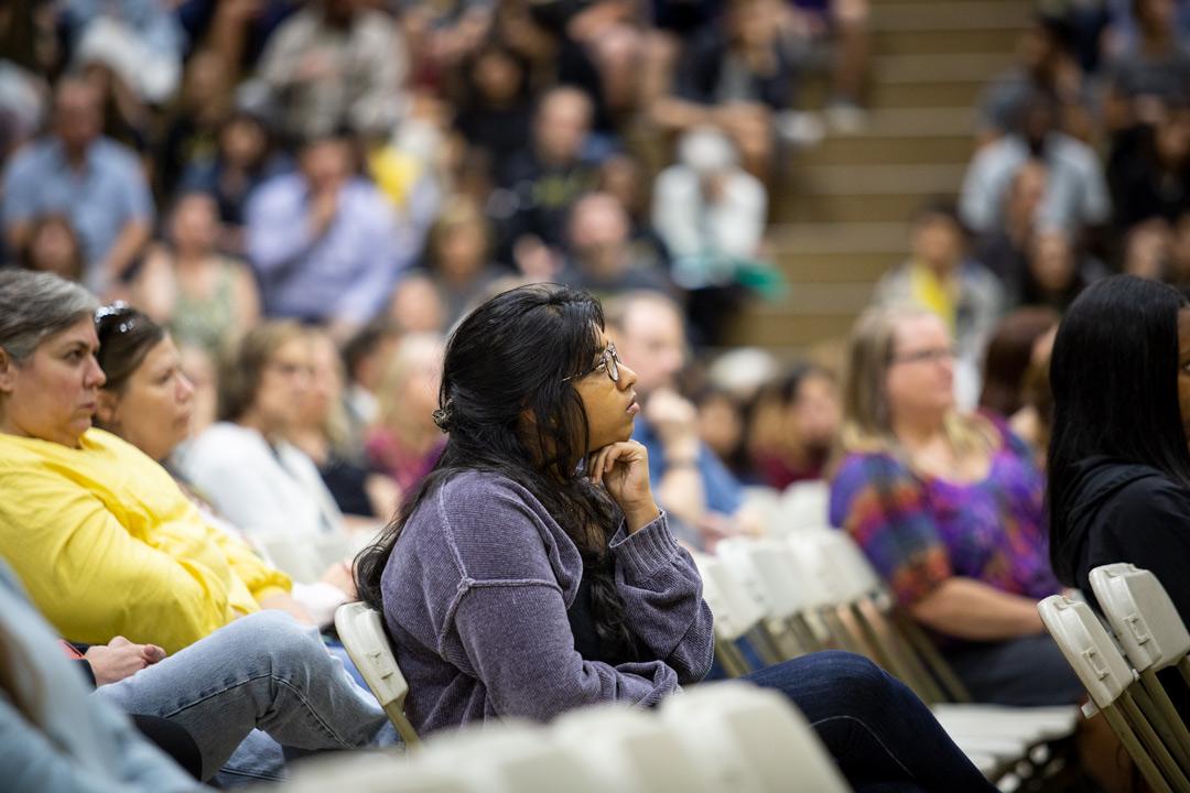DePauw Student Government President Summer Pappachen watches the keynote presentation at DePauw Dialogue. (Photo by BYRON MASON II)