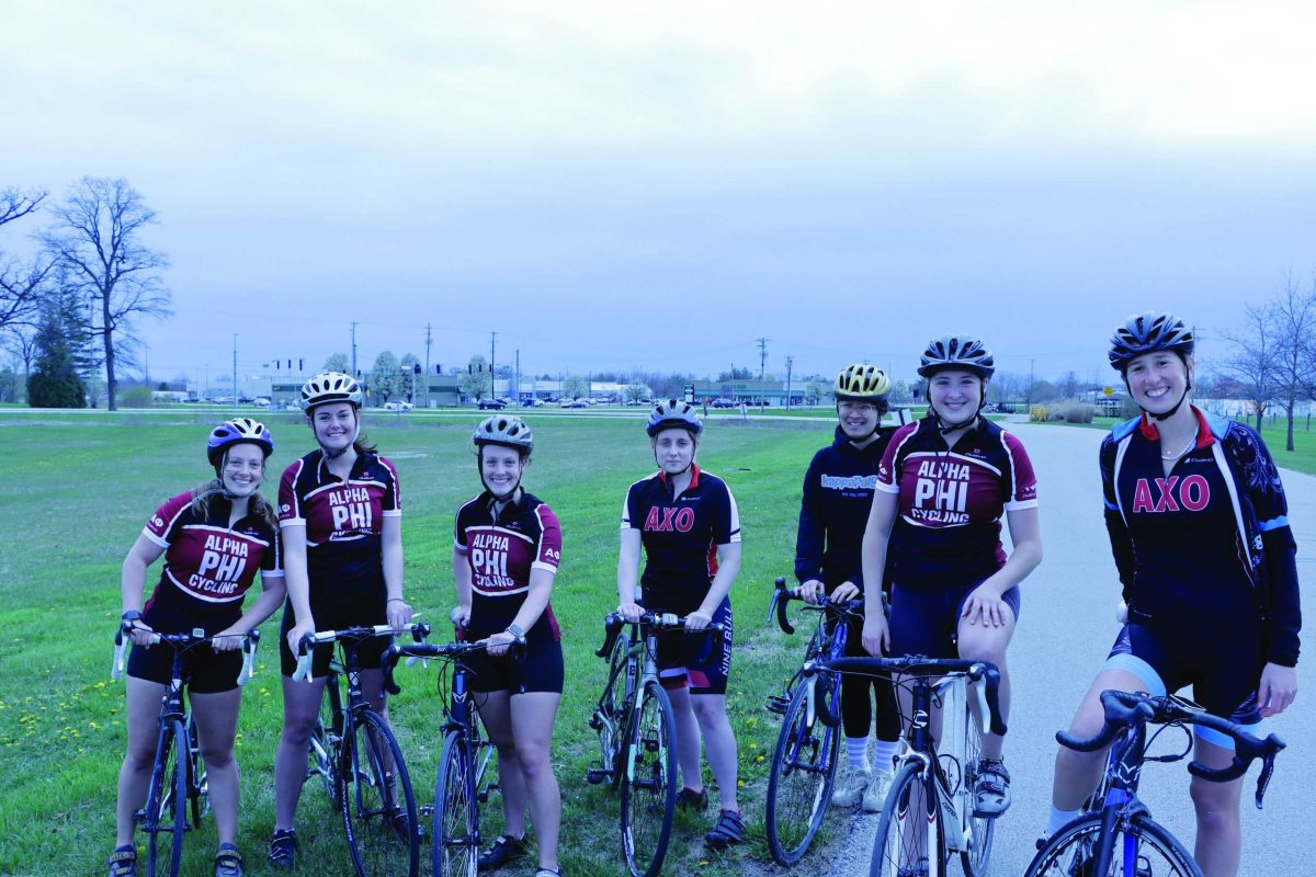 Women bikers from Alpha Phi, Kappa Gamma, and Alpha Chi Omega at Little 5 sprints. Photo credit to sophomore Kazuki Maehira.