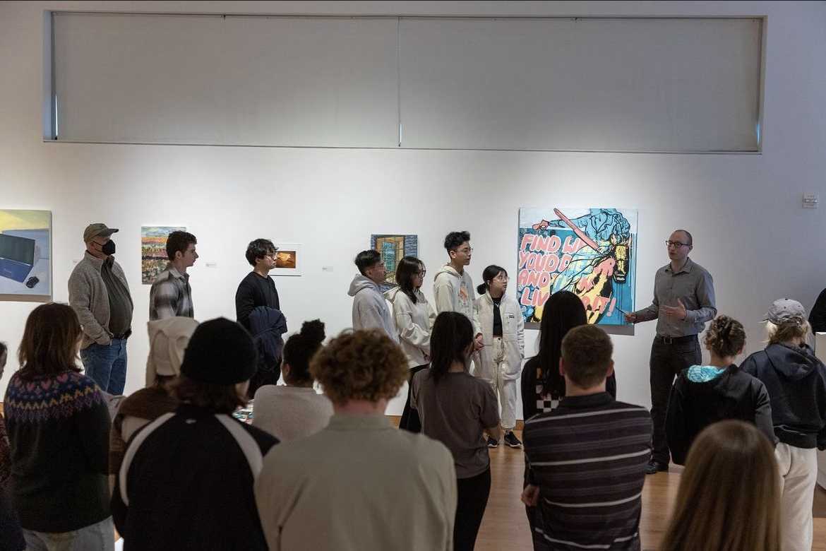 Juror Mark Rospenda at the awards presentation of the 2023 Annual Juried Student Exhibition. (Photo courtesy of depauwart Instagram account)