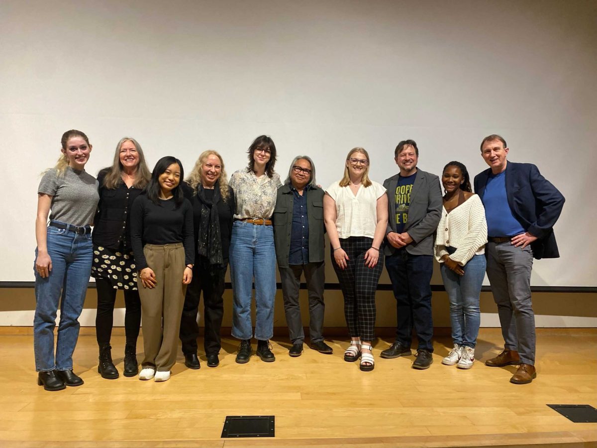 Kelly Writers faculty participants with their student speakers (left to right: Tatum Cox '25, Professor Christine White, Eliana Alzate '26, Professor Deborah Geis, Victoria de Dios '23, Professor Eugene Gloria, Abbey Webb '23, Professor Gregory Schwipps, Kaitlynn Franks '23, and Professor Joe Heithaus.) Photo courtesy of Kaitlynn Franks.