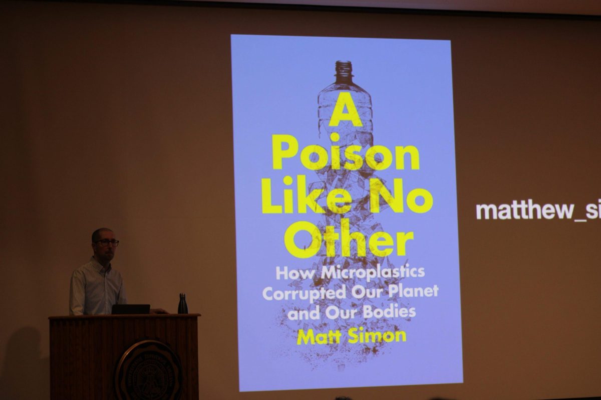 Image of Matt Simon presenting on his book, "A Poison Like No Other." Credit: Vinh Huynh '27.