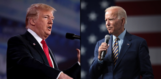 Side-by-side image of Biden and Trump speaking for their presidential campaigns