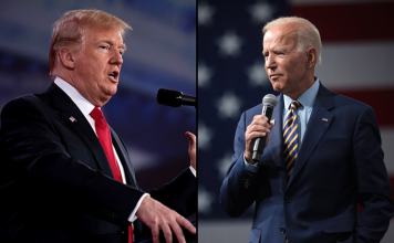 Side-by-side image of Biden and Trump speaking for their presidential campaigns