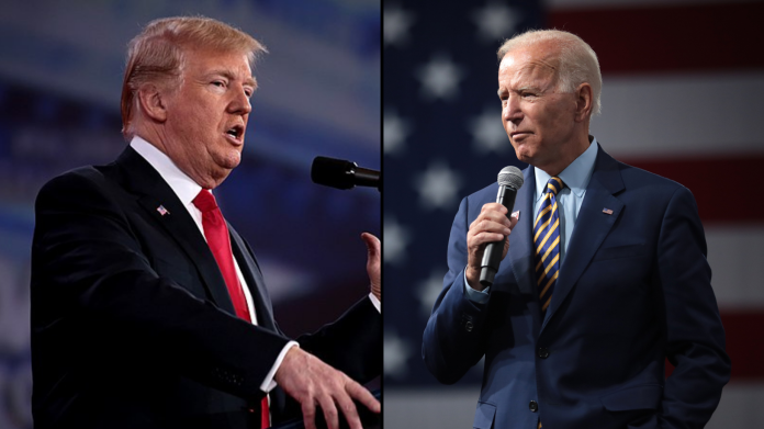 Side-by-side image of Biden and Trump speaking for their presidential campaigns